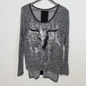 Rock And Republic Black And Silver Long Sleeve Top With Bull Skull Design Size S